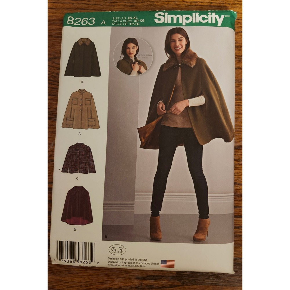Simplicity 8263 Sewing Pattern Misses Capes Capelets Detachable Fur Collar XS-XL